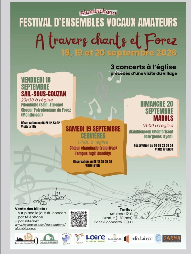 Affiche du festival « À travers chants et Forez », 18, 19 et 20 septembre 2026 : vendredi 18 à Sail-sous-Couzan, Filombulle et le Chœur Polyphonique du Forez